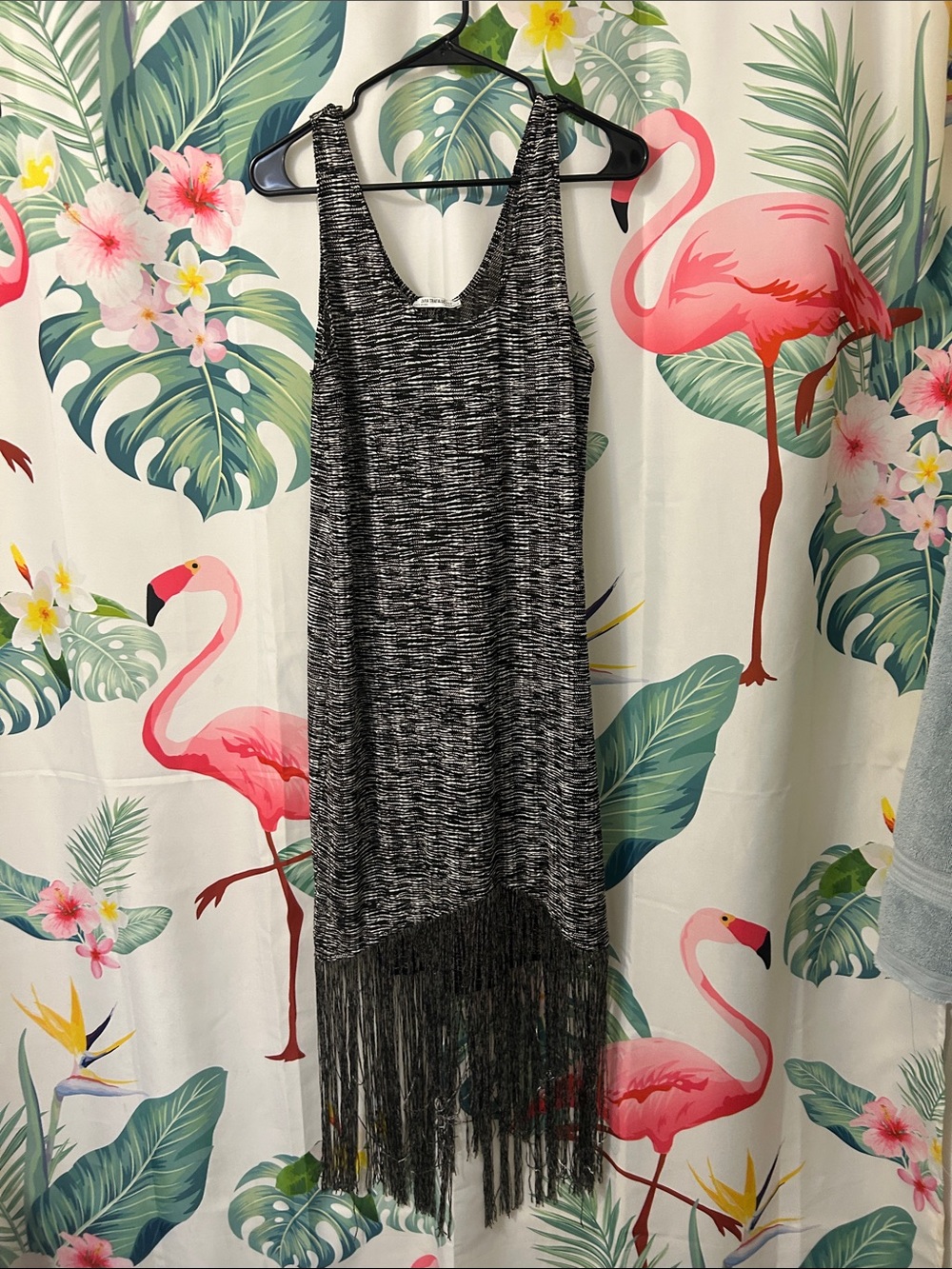 Zara Black & White Space-Dye Fringe-Hem Mini Dress
